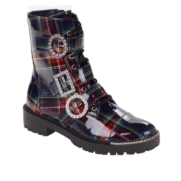 Kirlah Rhinestone Buckle Chunky Lug Sole Combat Boots Size 5 M - Picture 1 of 13